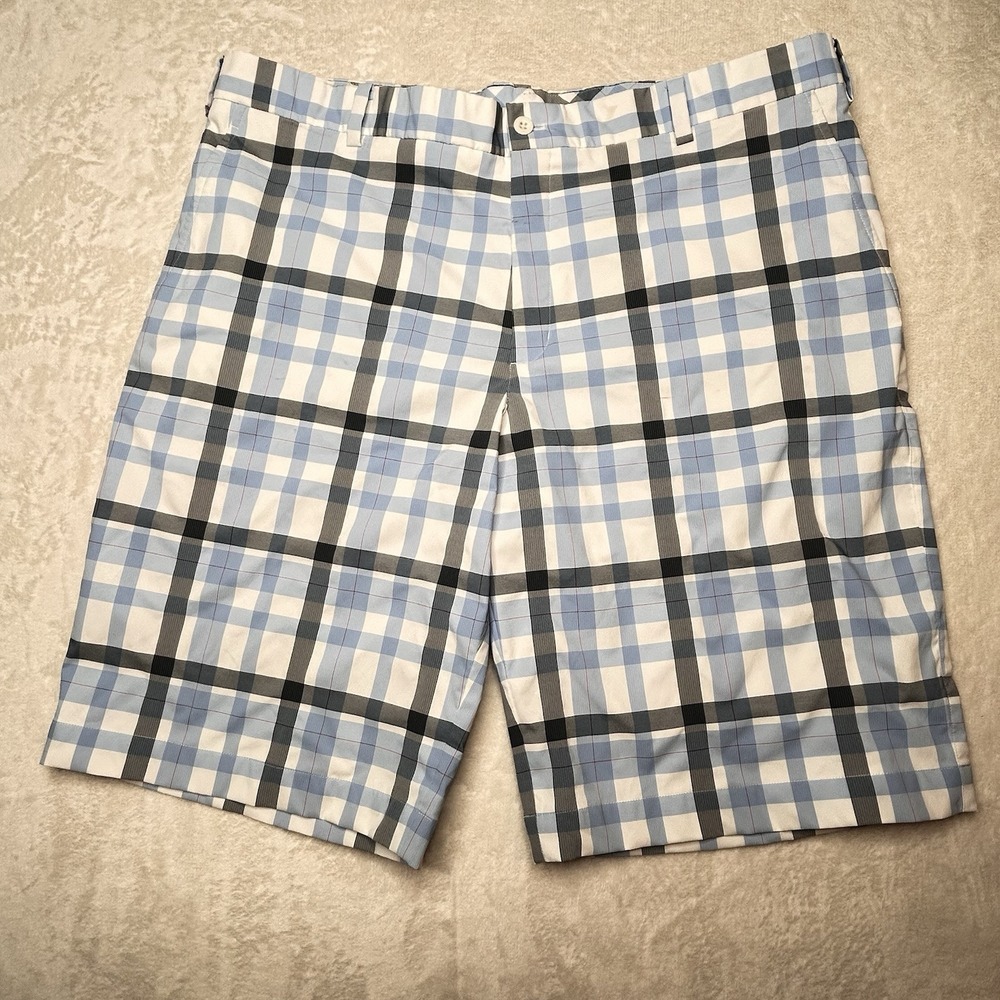 Nike Golf Dri Fit Mens Size 40 Blue‎ Plaid Shorts Chino Flat Front Stretch